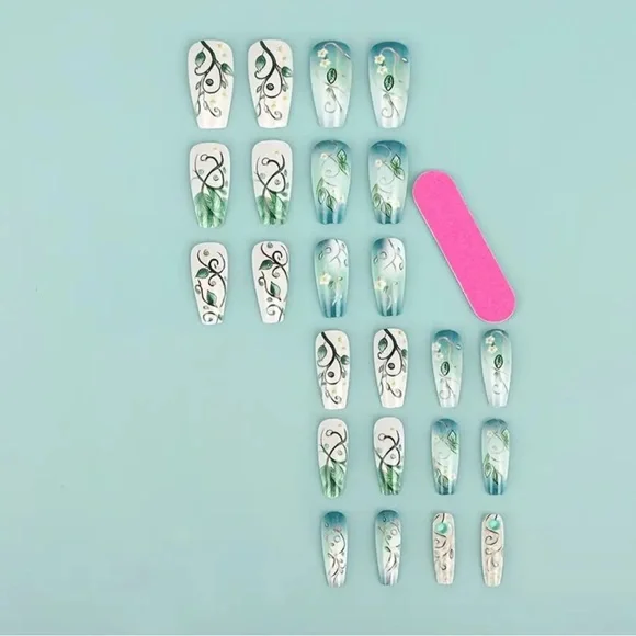 Green & Cream Floral Press On Nail Art Reusable 24 pc Ballet Medium Matte NWT - Picture 4 of 6
